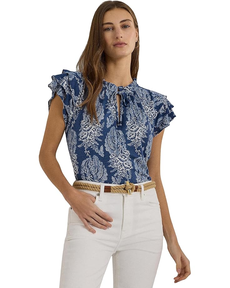 

Топ Lauren Ralph Lauren Floral Linen-Blend Jersey Tie-Neck Top, цвет Blue/Cream