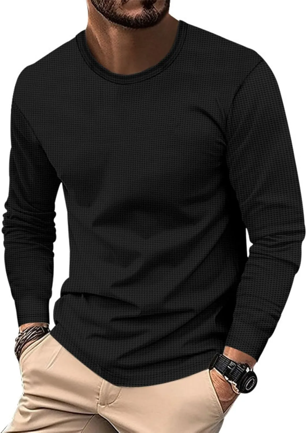 

Мужская гольф-рубашка с длинным рукавом, Casual, Vintage, однотонная, вафельная, Pullover, эластичная, мягкая, Crewneck Muscularfit