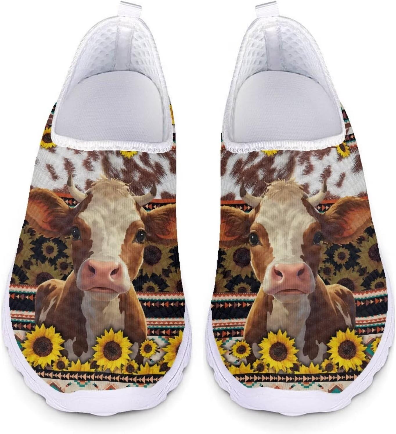 

Кроссовки из сетки для женщин и мужчин, прогулочная обувь, без шнурков, противоскользящие, размер США 5-12, спортивная одежда Xixirimido, Aztec Cow Sunflower