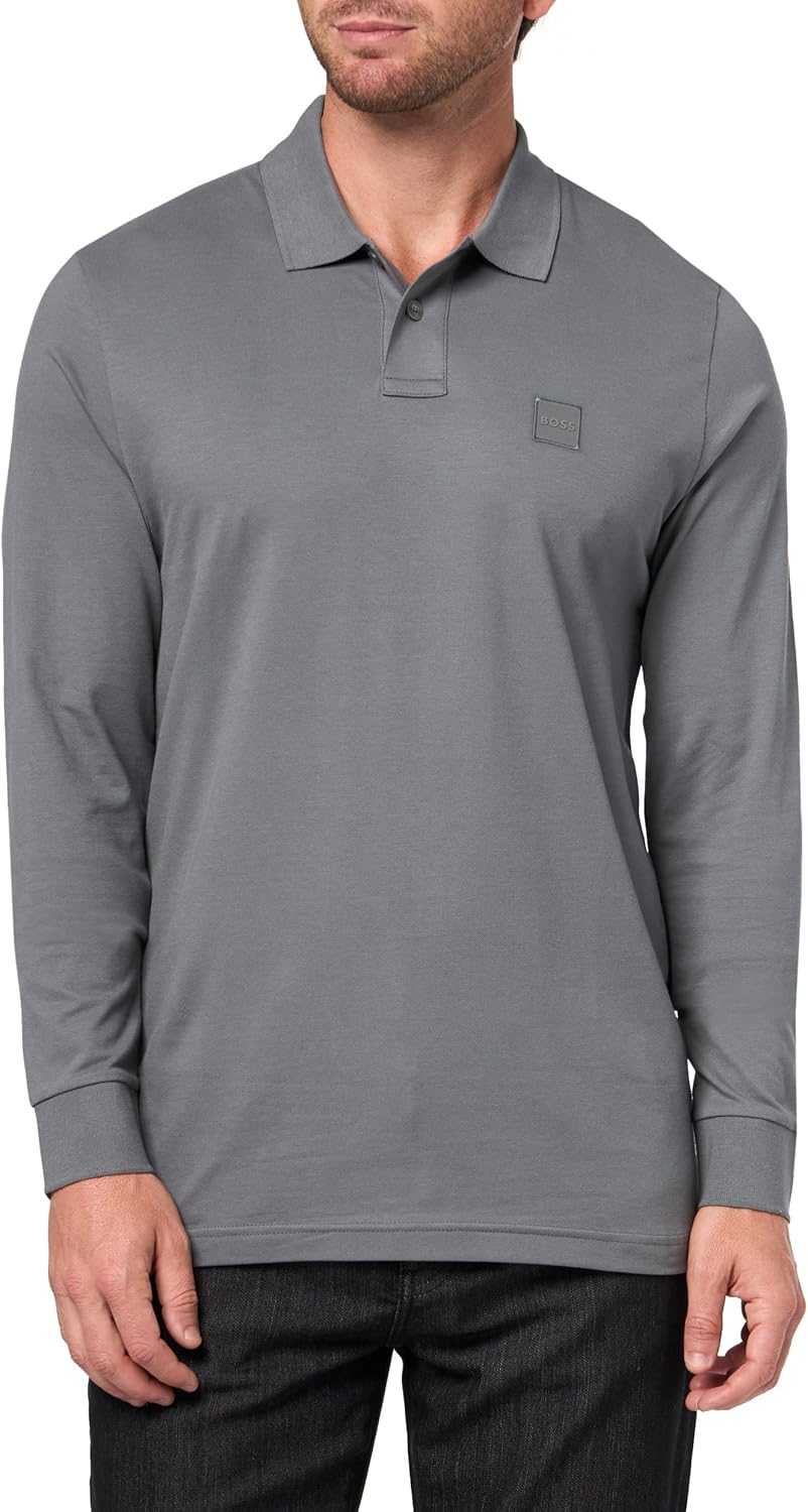 

BOSS Мужская поло с длинным рукавом Slim Fit с квадратным логотипом, Frozen Clay