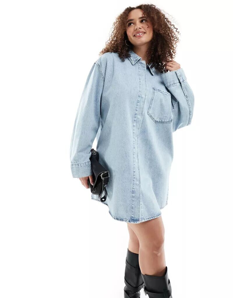 

Платье-рубашка мини из выбеленного денима с передним карманом ASOS DESIGN Curve