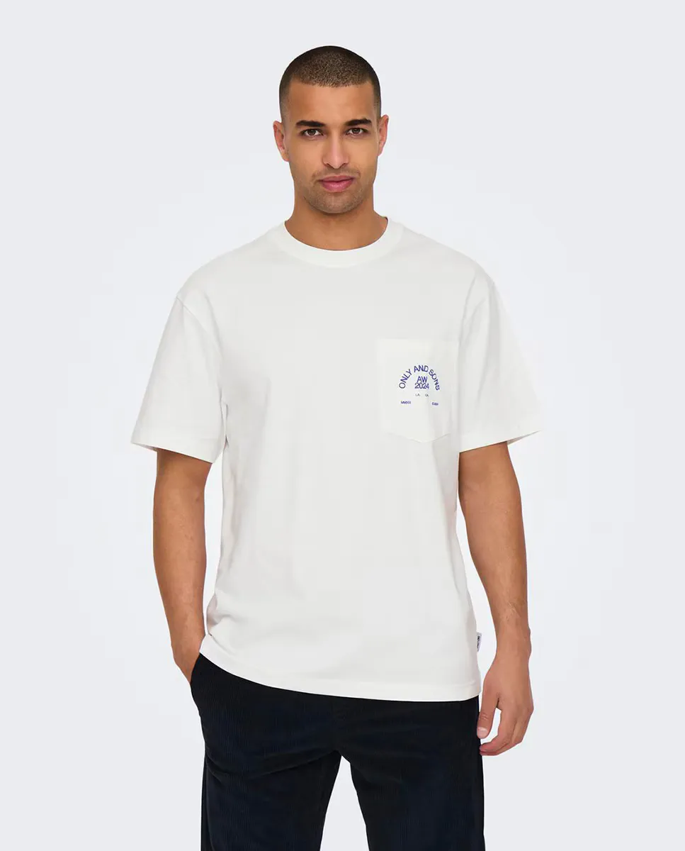 

Мужская футболка с передним карманом и принтом сзади Only & Sons, цвет Blanco Hielo