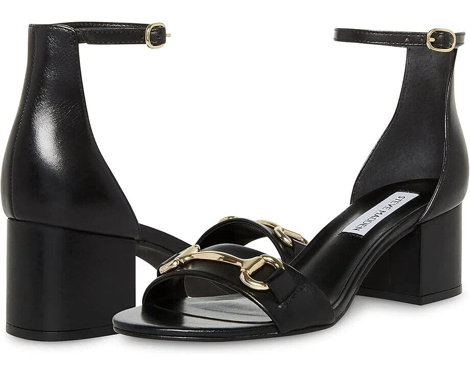 Сандалии Steve Madden Irenee Женские Черная Кожа Шлейка на щиколотке Блок каблук GBNC662 (Черный, 10)