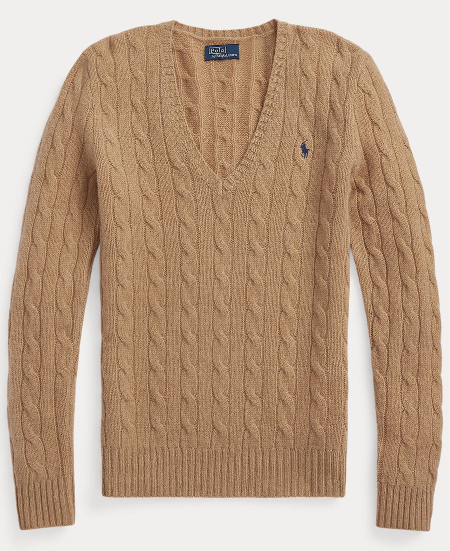 Женский свитер с V-образным вырезом из шерсти и кашемира с косами Polo Ralph Lauren, Camel Melange — фото 3