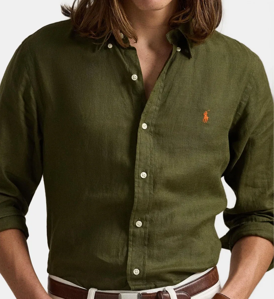 Рубашка из льна с индивидуальной посадкой POLO RALPH LAUREN, хаки — фото 4