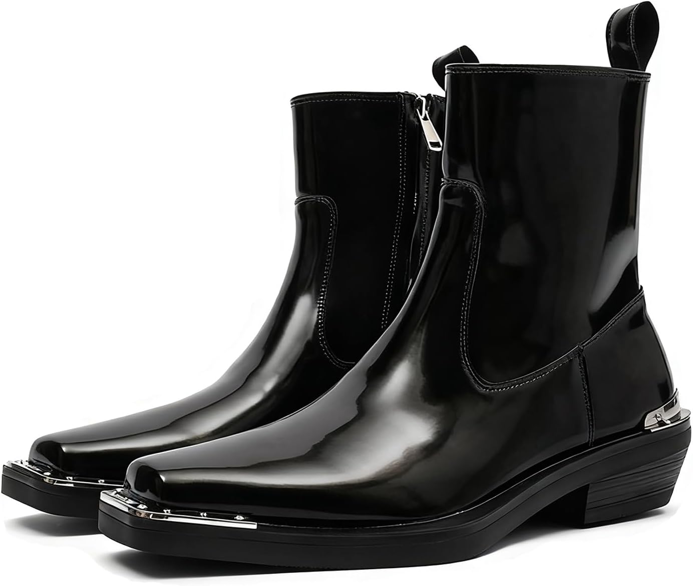 

Мужские кожаные челси с массивным каблуком, модная металлическая отделка, квадратный носок, боковая молния, деловые и повседневные ботинки, удобные короткие ботинки Enoegmsd, черный