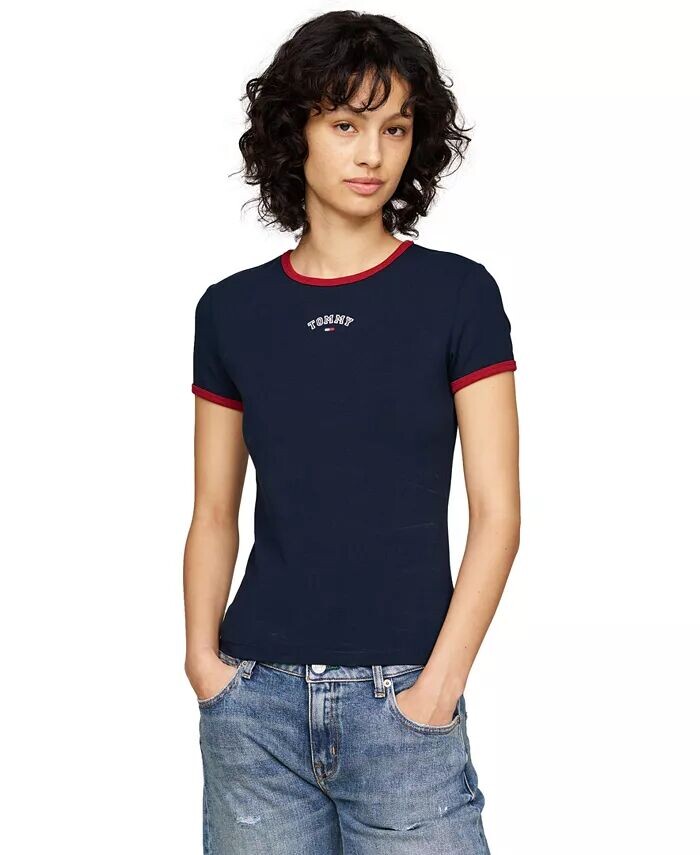 

Женская футболка узкого кроя с логотипом и контрастными краями Tommy Jeans, синий