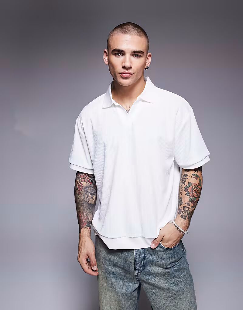 

Свободное поло свободного кроя ASOS DESIGN из фактурного рубчика кремового цвета
