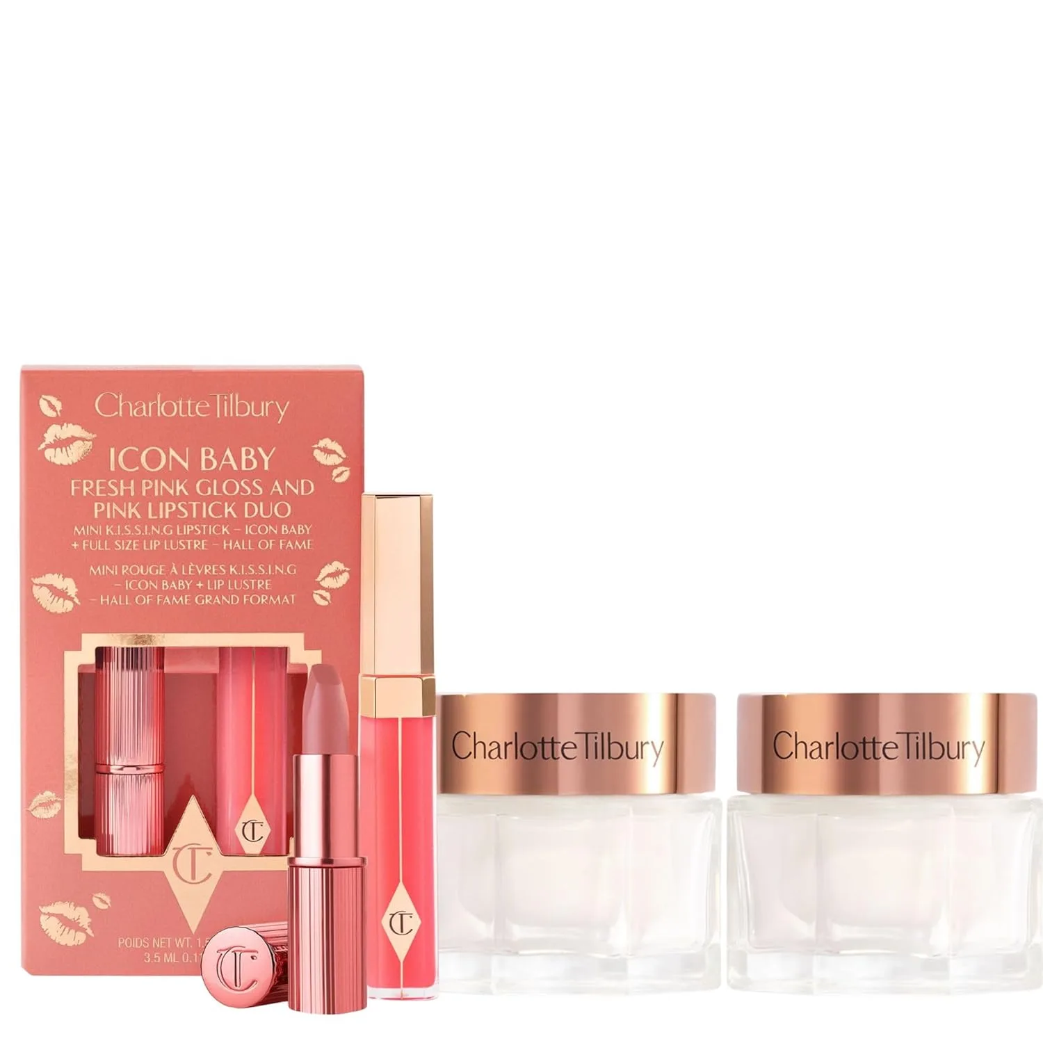 Charlotte Tilbury Magic Cream Duo с набором Icon Baby Lip - 2 увлажняющих крема с пептидами 30 мл + мини-помада и блеск для губ - набор для ухода и макияжа, pink