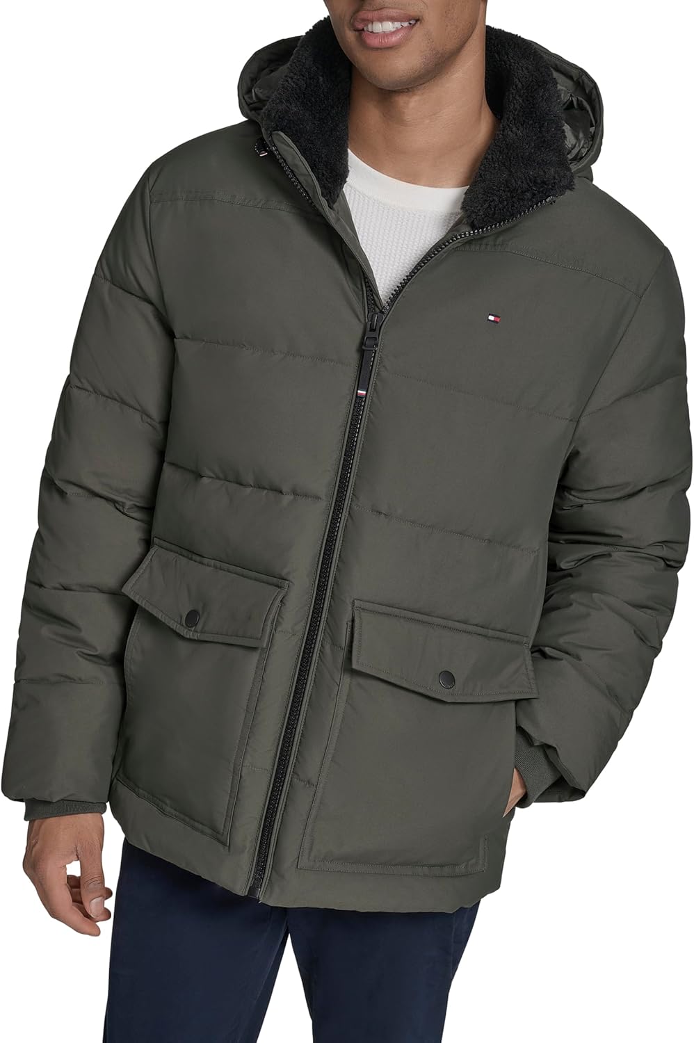 

Мужская стеганая куртка Tommy Hilfiger с капюшоном и накладными карманами, Olive