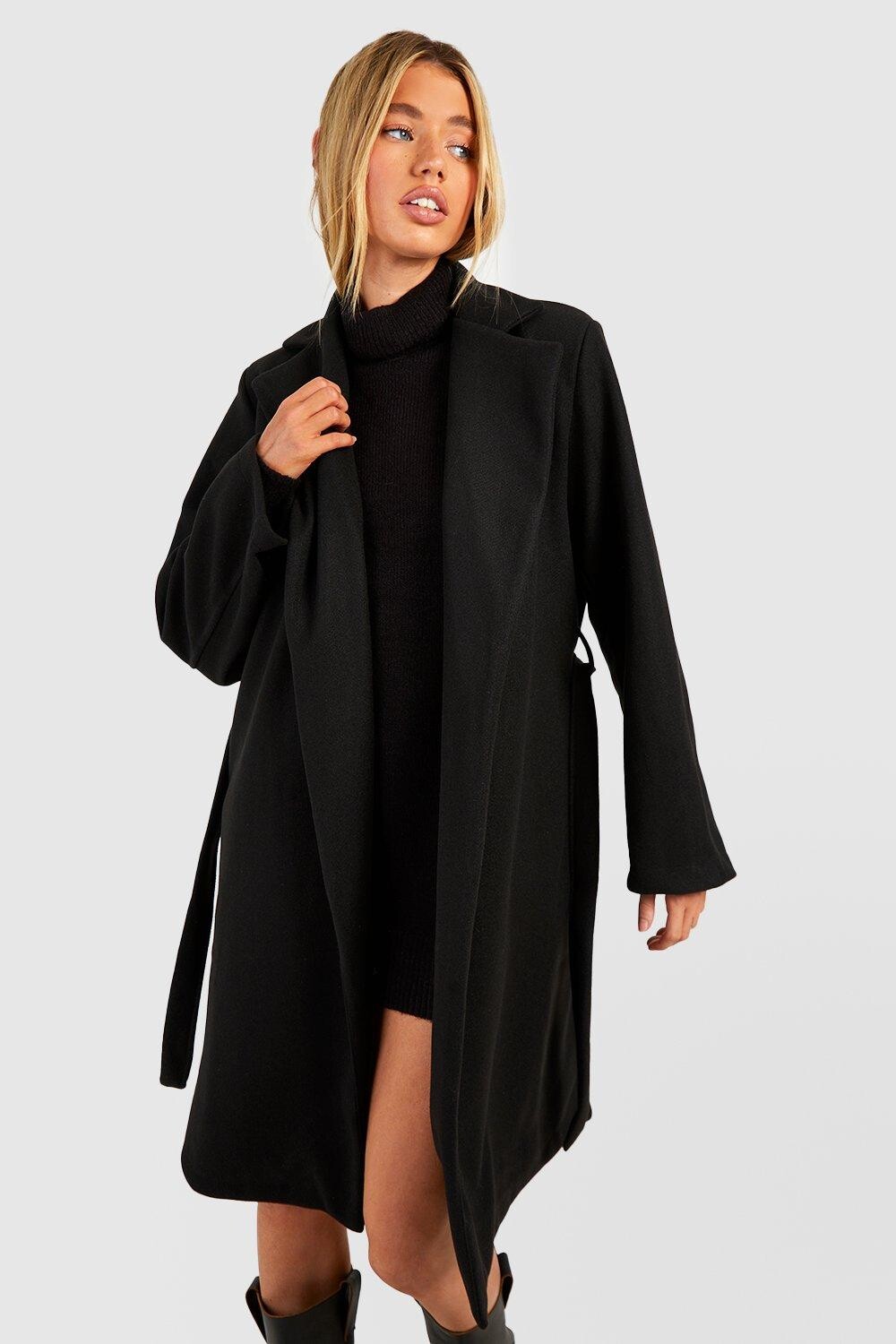 

Шерстяное пальто с поясом boohoo, черный