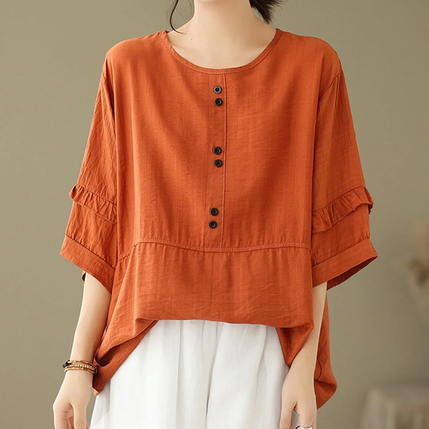 Футболка из хлопка и льна, повседневная, Relaxed Fit, красный — фото 3