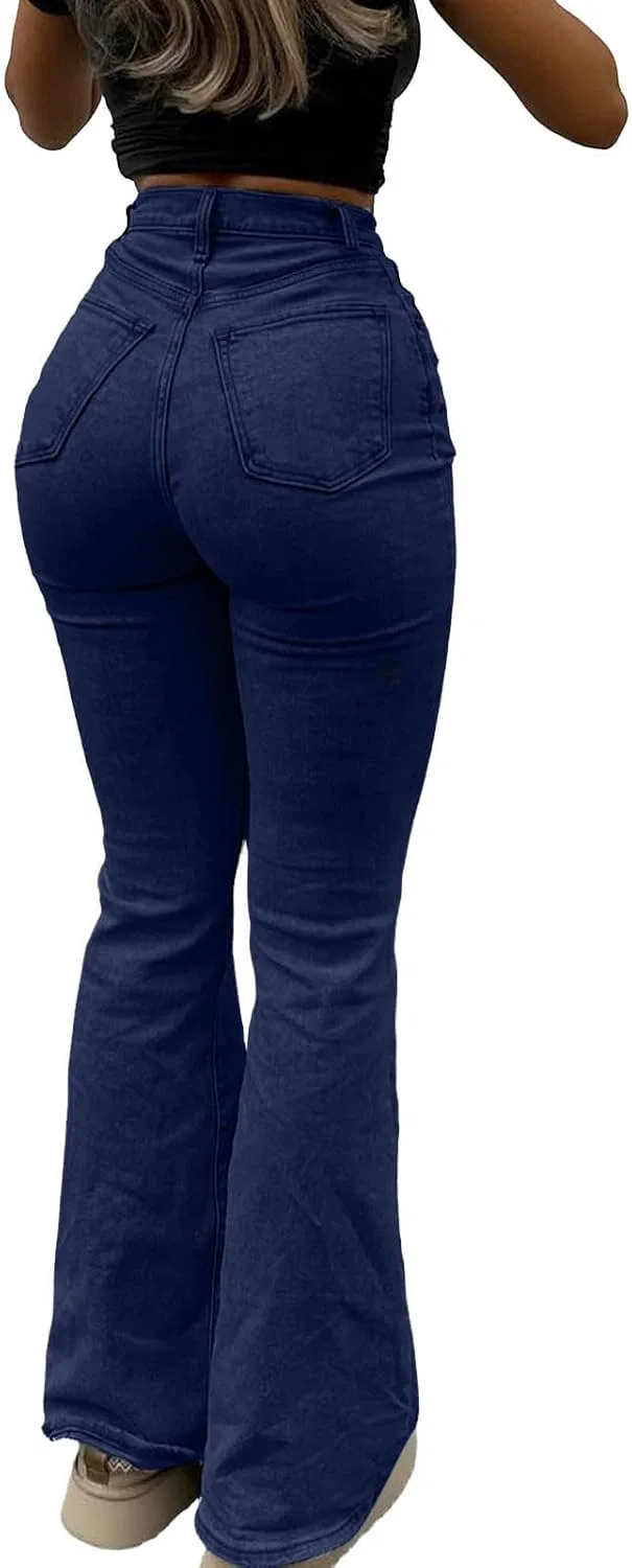 Джинсы клеш Womens Jeans Stretch Bootcut High Waisted Flare Jeans Vintage Butt Lifting Denim Bell Bottoms Trendy Jean Pants, темно-синий — фото 4