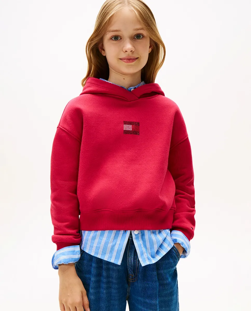 

Детская толстовка с капюшоном и передним логотипом из страз Tommy Hilfiger, красный