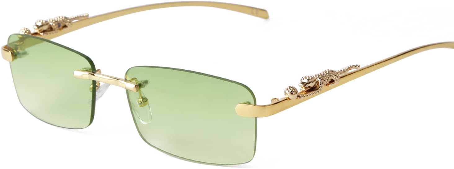 

ADE WU Винтажные солнцезащитные очки без оправы в стиле ретро, ​​роскошные, золотистая металлическая безрамочная модель, прямоугольные солнцезащитные очки с цветными линзами, Gold/Green