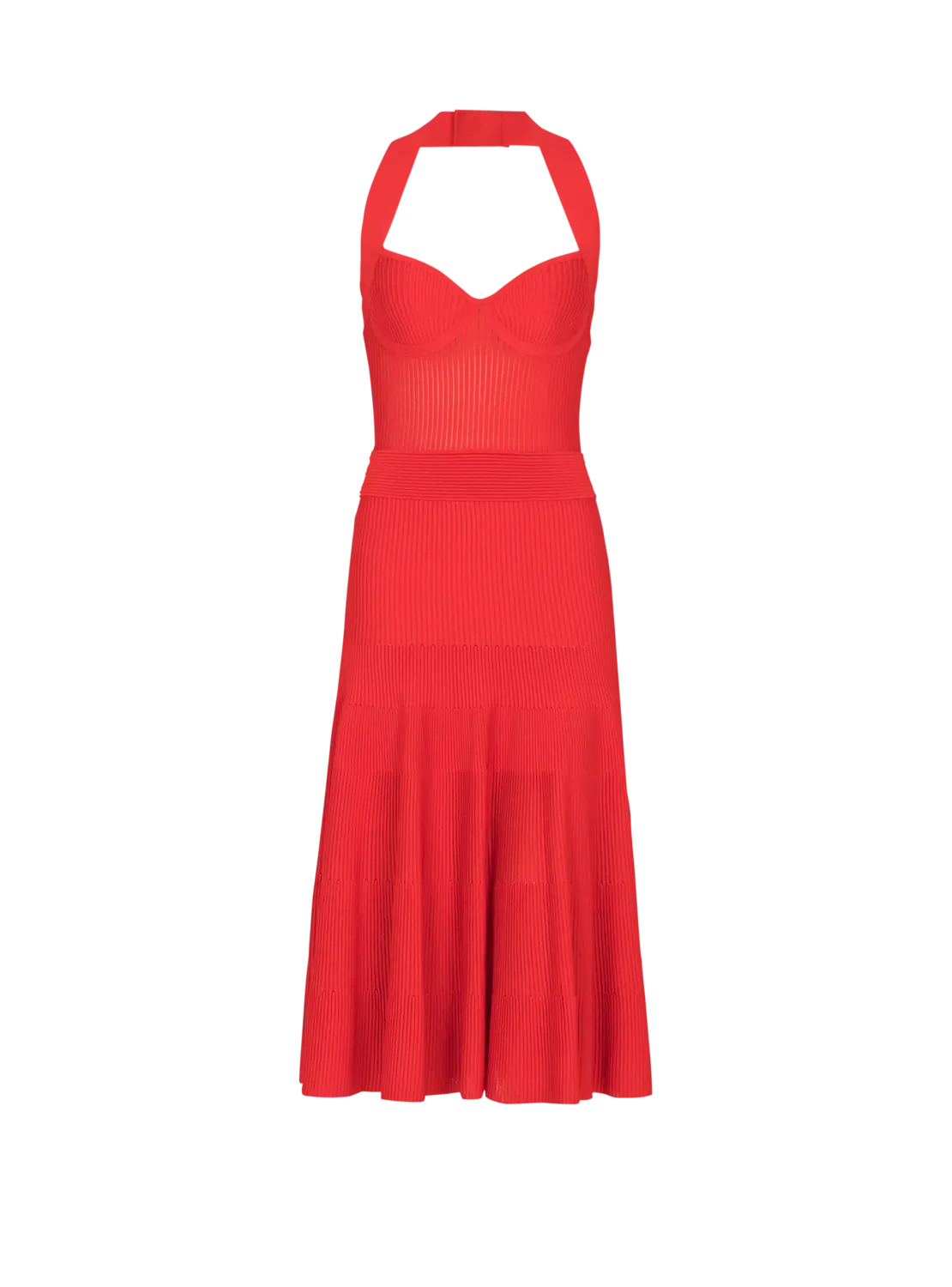 

Платье-миди из трикотажа с плиссировкой и воротником халтер Balmain, черный/красный