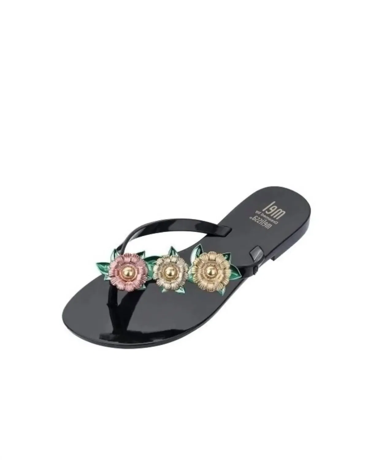 Mini Melissa Шлепанцы Mel Harmonic Garden для девочек, черно-зелено-золотые — фото 2