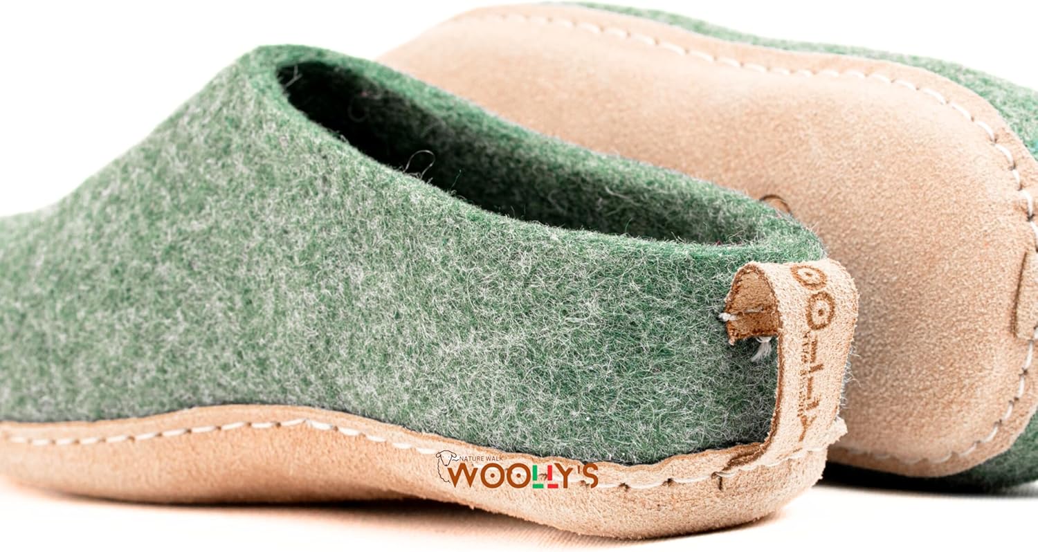 Домашние тапочки с открытой пяткой Woolly и кожаной подошвой, Премиальная новозеландская шерсть, Ручная работа с итальянским дизайном, Мягкие, дышащие и не имеющие запаха Woolly'S, зеленый — фото 2