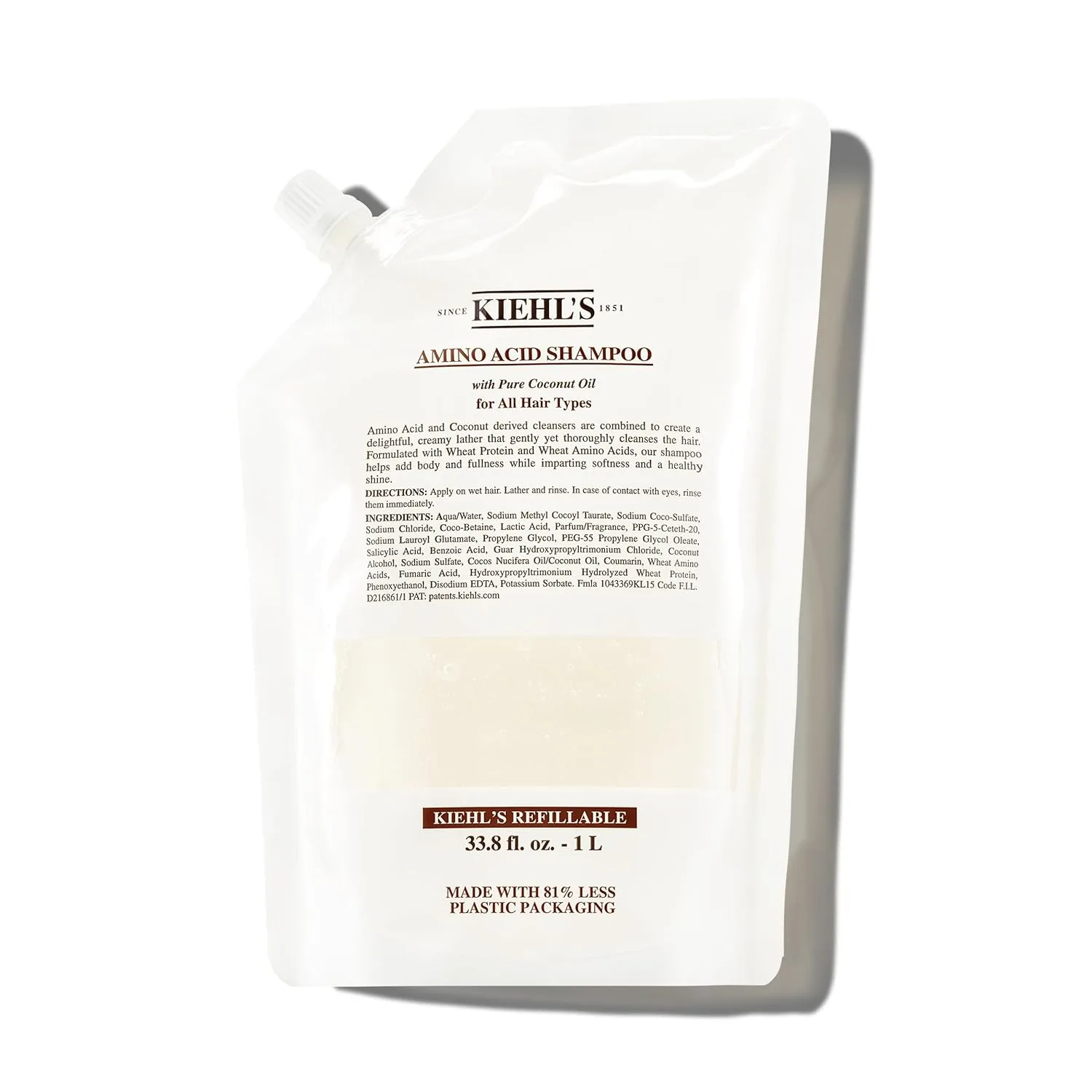 Шампунь Kiehl's с аминокислотами и кокосовым маслом очищает и укрепляет волосы, предотвращает ломкость, не снижая уровня увлажнения. Подходит для всех типов волос. Не содержит парабенов. 1000 мл / 1 литр (сменный блок)