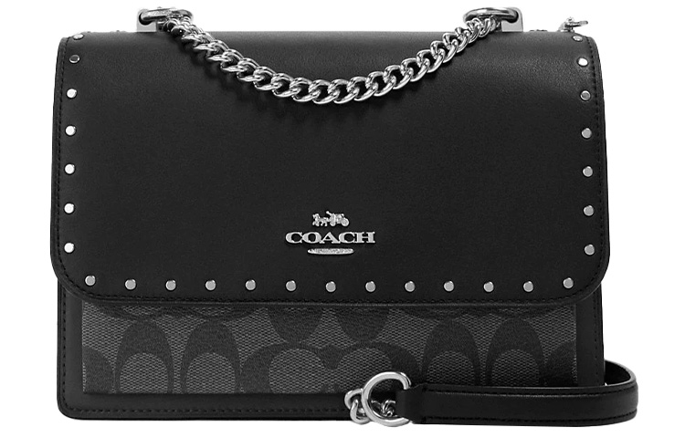 

Klare Сумка-баул из покрытого холста с кожаными деталями Наплечная сумка Через плечо Маленький размер Женская Серая с монограммой и черная COACH