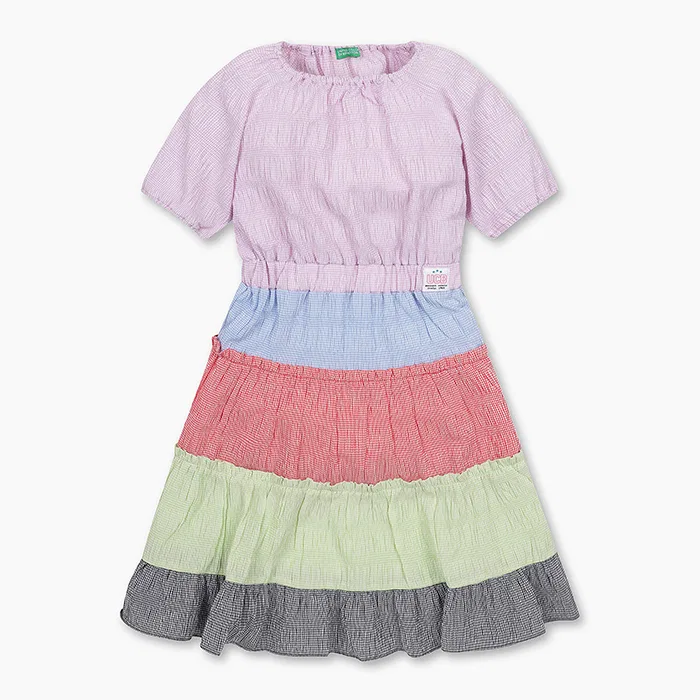 Детское многоцветное ярусное платье с контрастными вставками от Benetton Kids