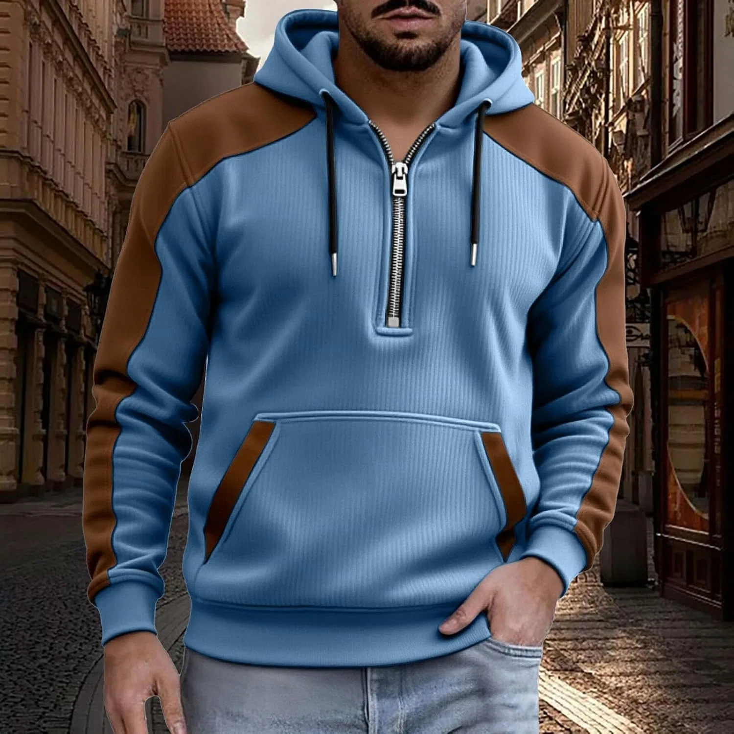 Мужская худи с воротником-стойкой и контрастным шнурком, Light Blue — фото 3