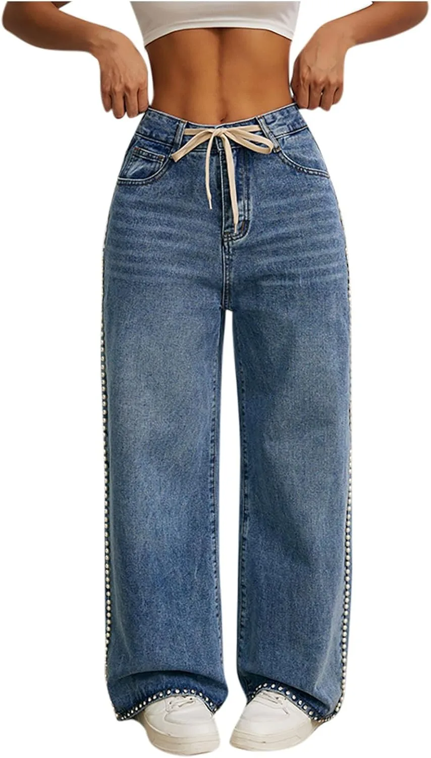 

Женские джинсы wide leg с высокой талией и шнурком
