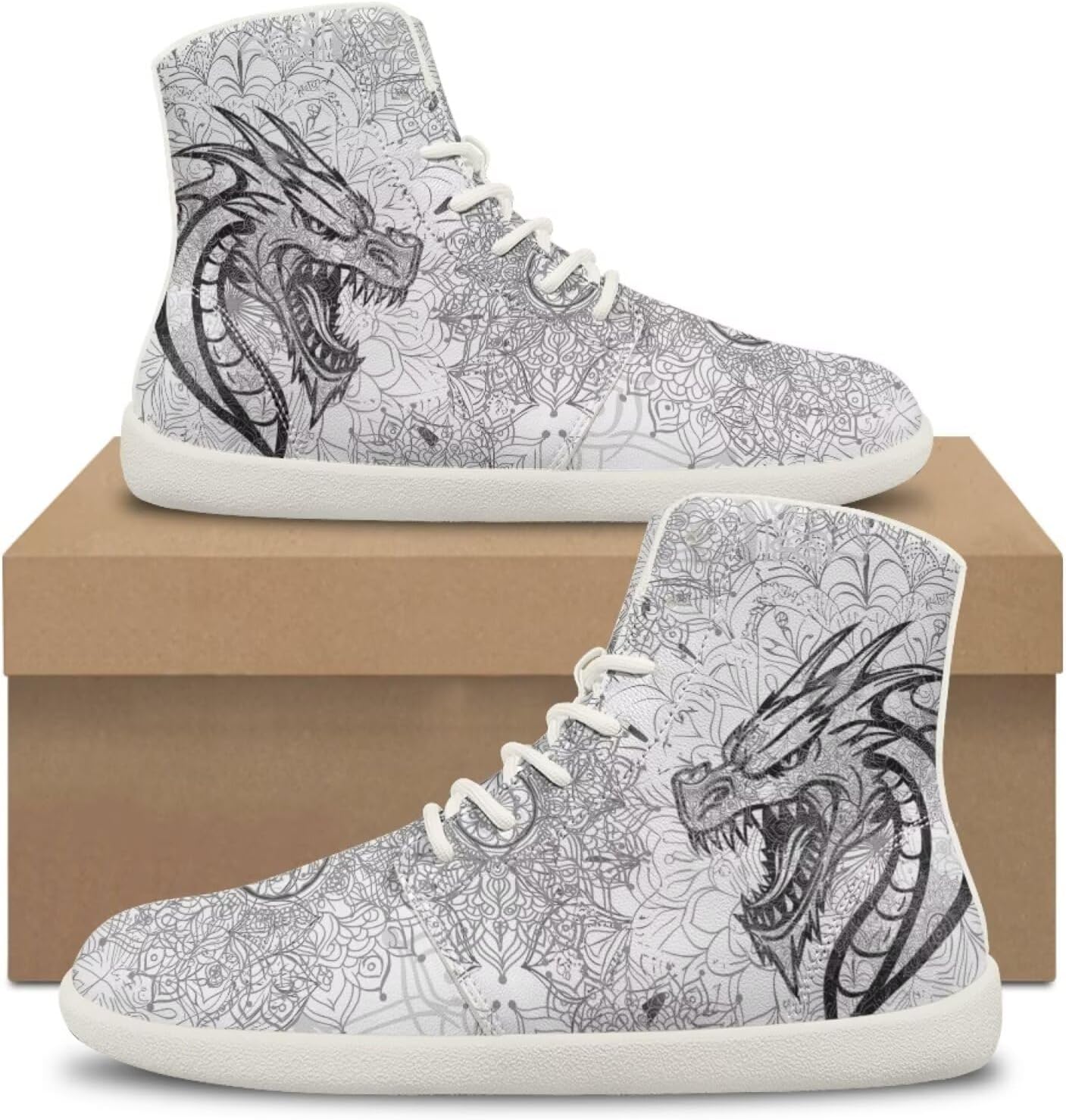 Мужские кроссовки Dragon Print для бега, слипоны, высокие, для ходьбы, занятий в спортзале, тенниса и спорта Ecaestolph, белый/серый — фото 3