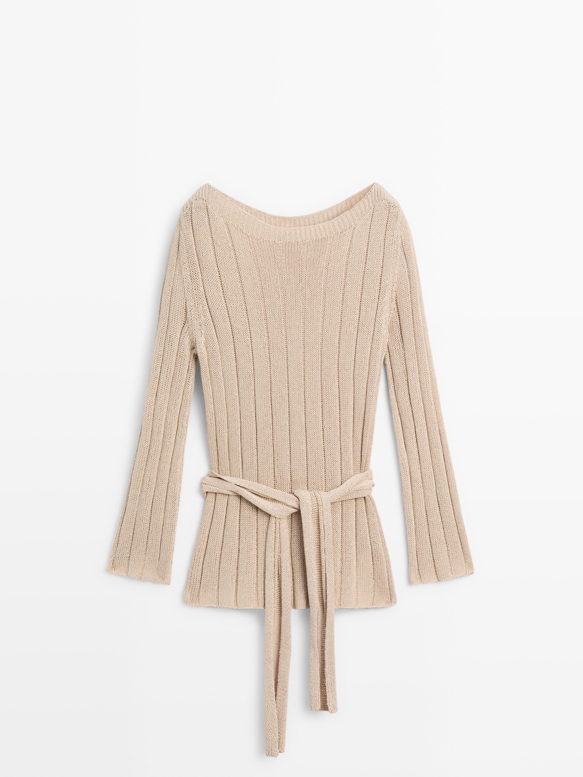 Вязаный свитер из хлопковой смеси с вырезом «лодочка» Massimo Dutti, beige — фото 2