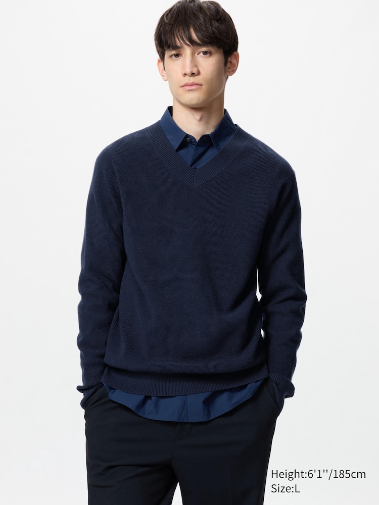 

Джемпер с вафельным узором и V-образным вырезом Uniqlo, цвет 69 синий