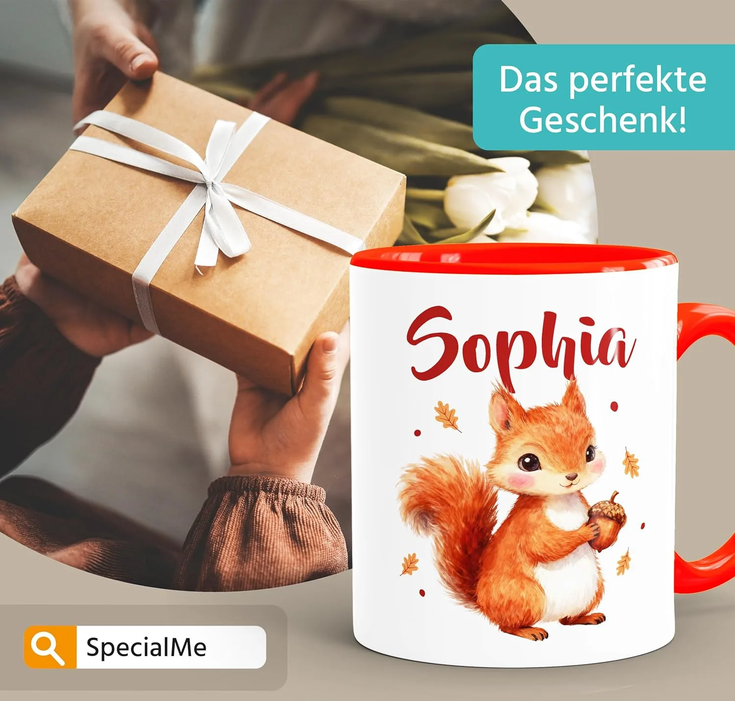 Детская кружка Squirrel с животными мотивами и именем, керамическая, для детей, мальчиков и девочек, подарок с именем, белая внутри, оранжевая, стандартная SpecialMe — фото 3