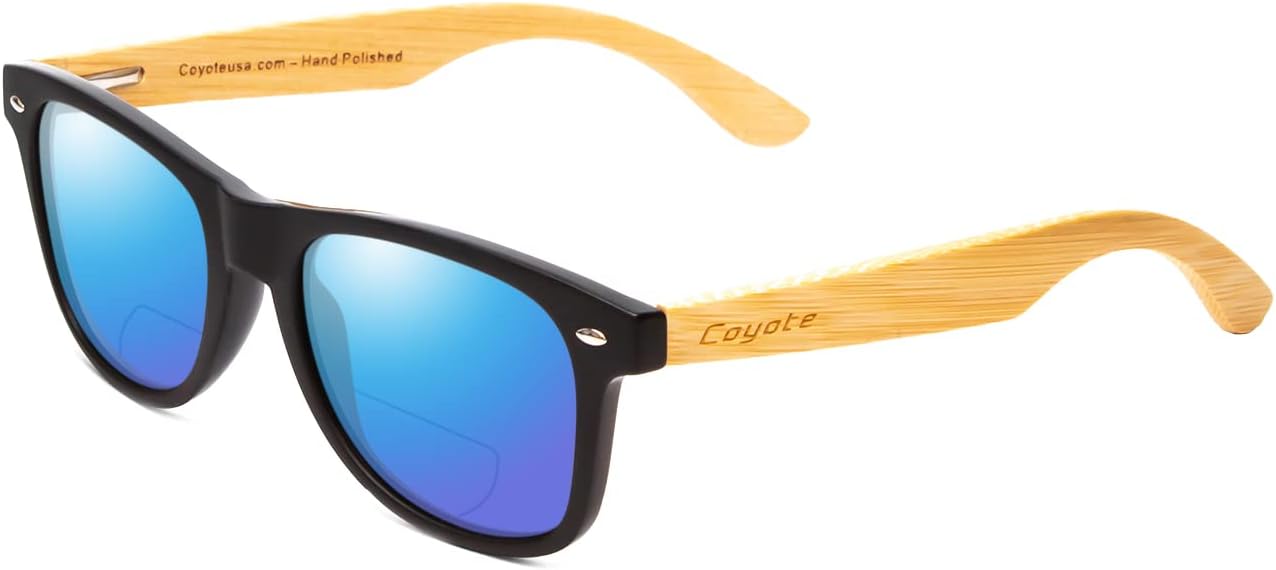 

Поляризованные солнцезащитные очки Coyote Eyewear Woodie | Дужки из натурального дерева | Универсальный дизайн | Чехол для хранения в комплекте, Mat Black/Bamboo/Blue Mirror Bi-focal