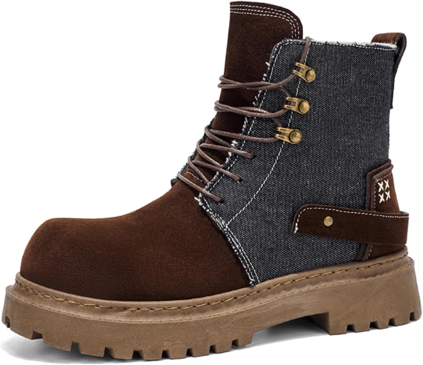 

Мужские джинсовые и замшевые ботинки на щиколотку с золотистыми люверсами и боковой молнией, прочная подошва с хорошим сцеплением для повседневного ношения на улице Kelibasi