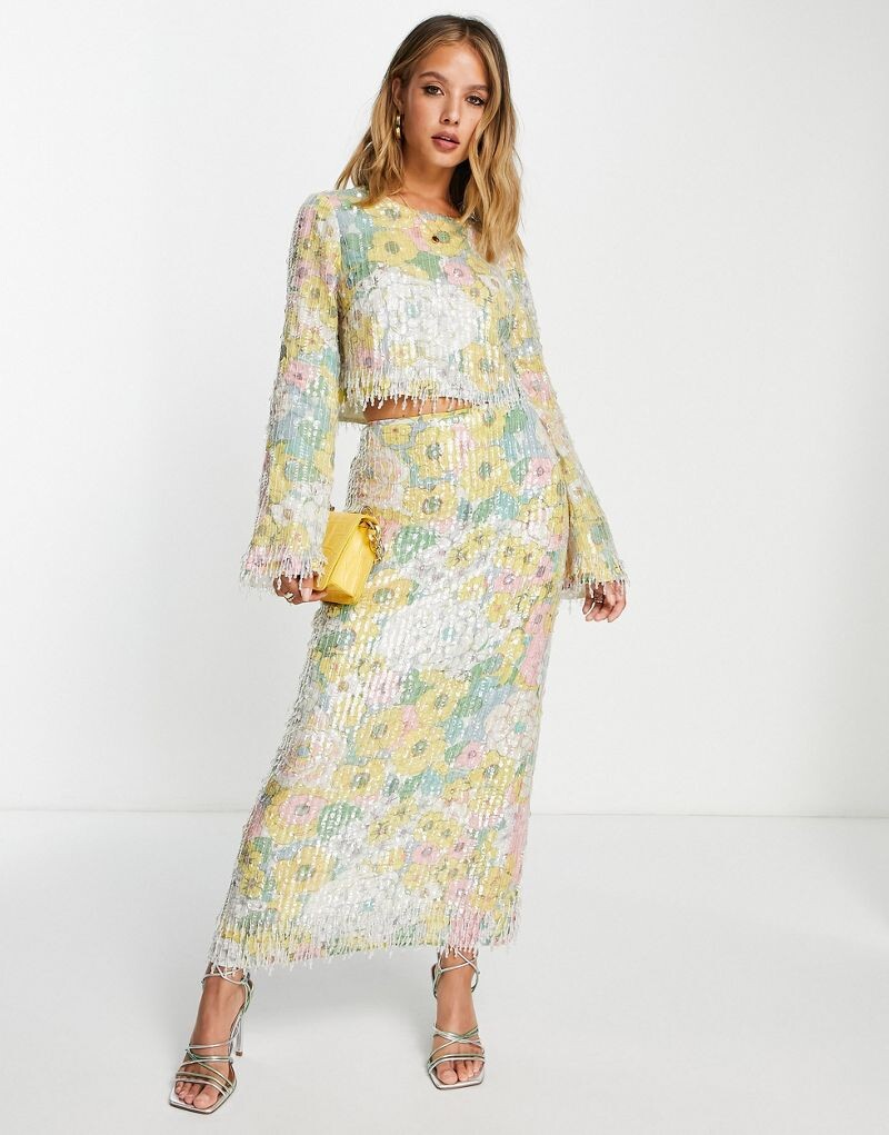 

ASOS Edition – юбка миди пастельных тонов с цветочным принтом, пайетками и бахромой