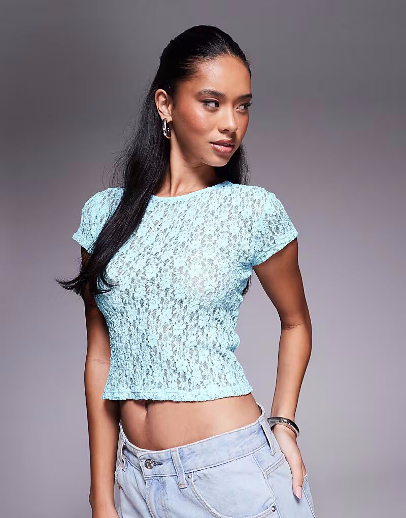 

Кружевная полупрозрачная футболка для малышей ASOS DESIGN с короткими рукавами синего цвета