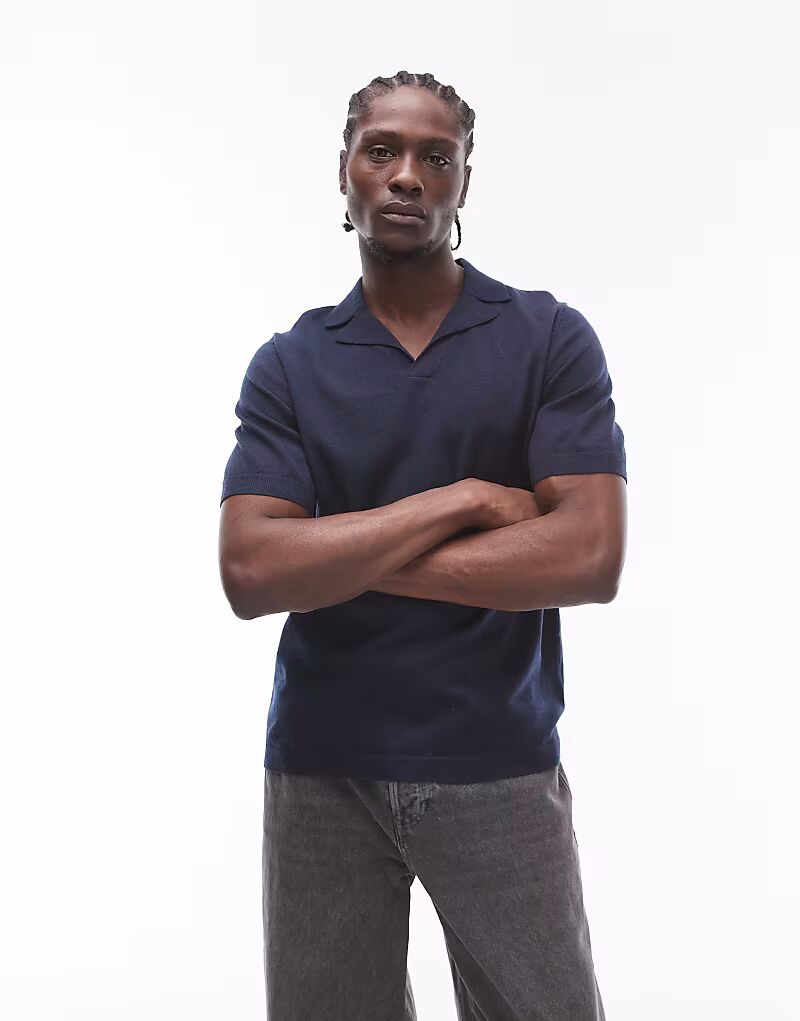 

Рубашка с короткими рукавами и открытым воротом темно-синего цвета Topman