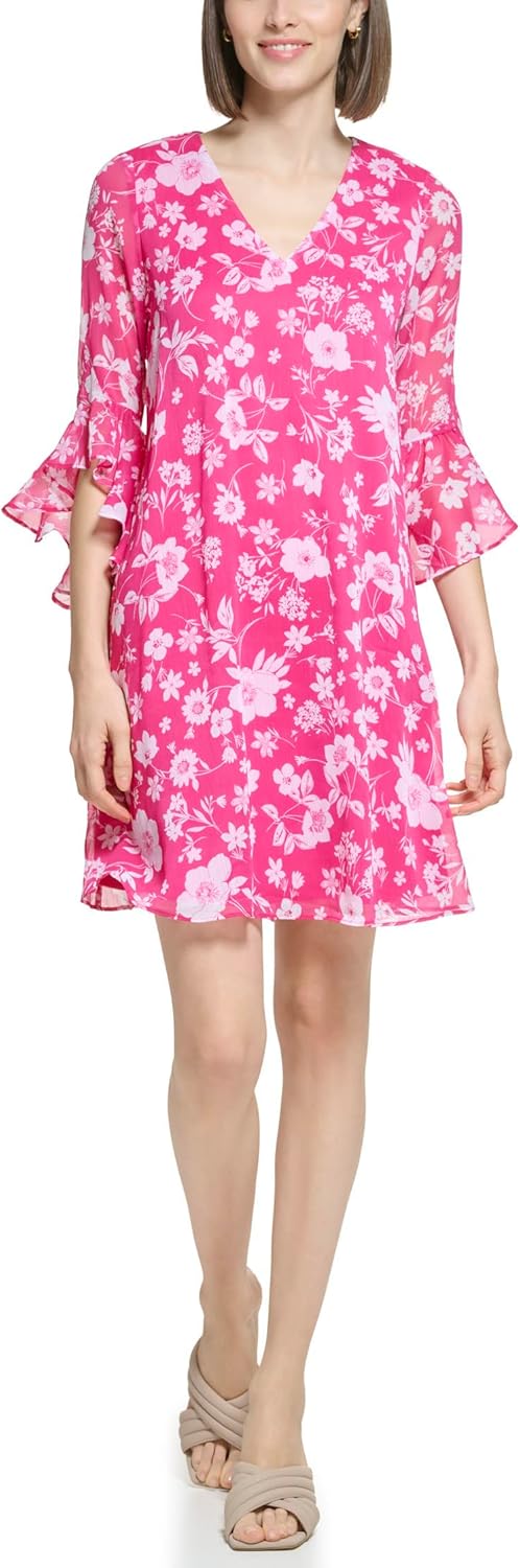 

Платье Calvin Klein с шифоновым принтом и рукавами-колокольчиками, Hibiscus White