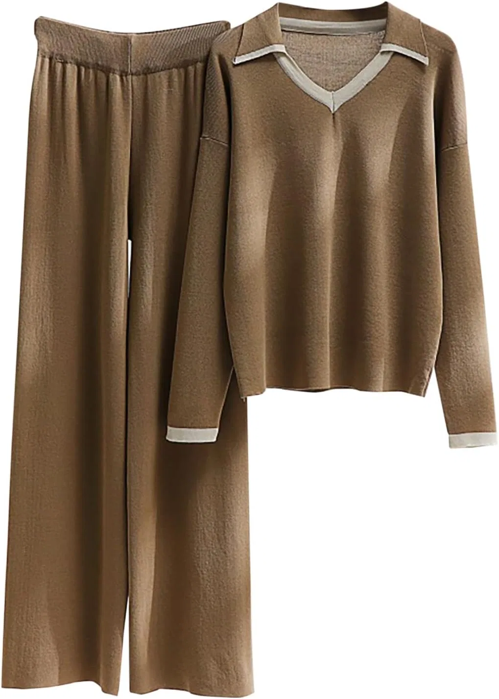 Женский спортивный костюм из рибаны, длинный рукав, свободные брюки, A06_khaki — фото 2