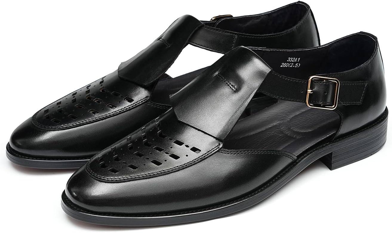 

Мужские сандалии Santimon из кожи, туфли для делового и повседневного стиля, модные, удобные, дышащие, с закрытым носком и пряжкой, летняя обувь, черный