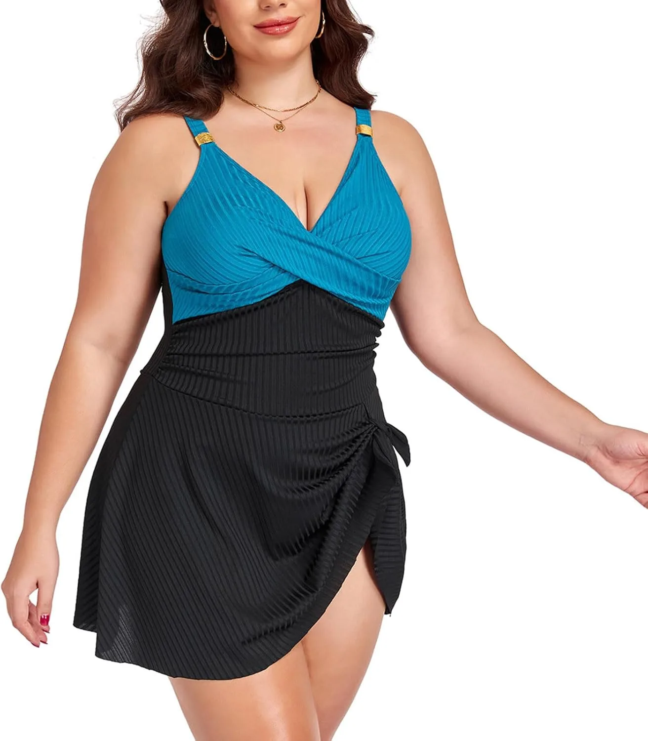 Plus Size цельный купальник женский милый оверсайз V-образный вырез эластичный бант платье для плавания утягивающее корректирующее белье для контроля живота купальный костюм Generic, зеленый — фото 4