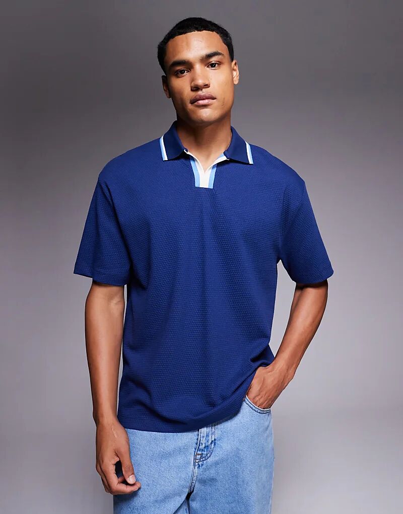 

Свободная фактурная рубашка-поло ASOS DESIGN синего цвета с контрастным воротником