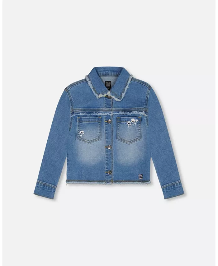 

Джинсовая куртка для девочек с потертостями и вышивкой Jeans Blue Deux par Deux, синий