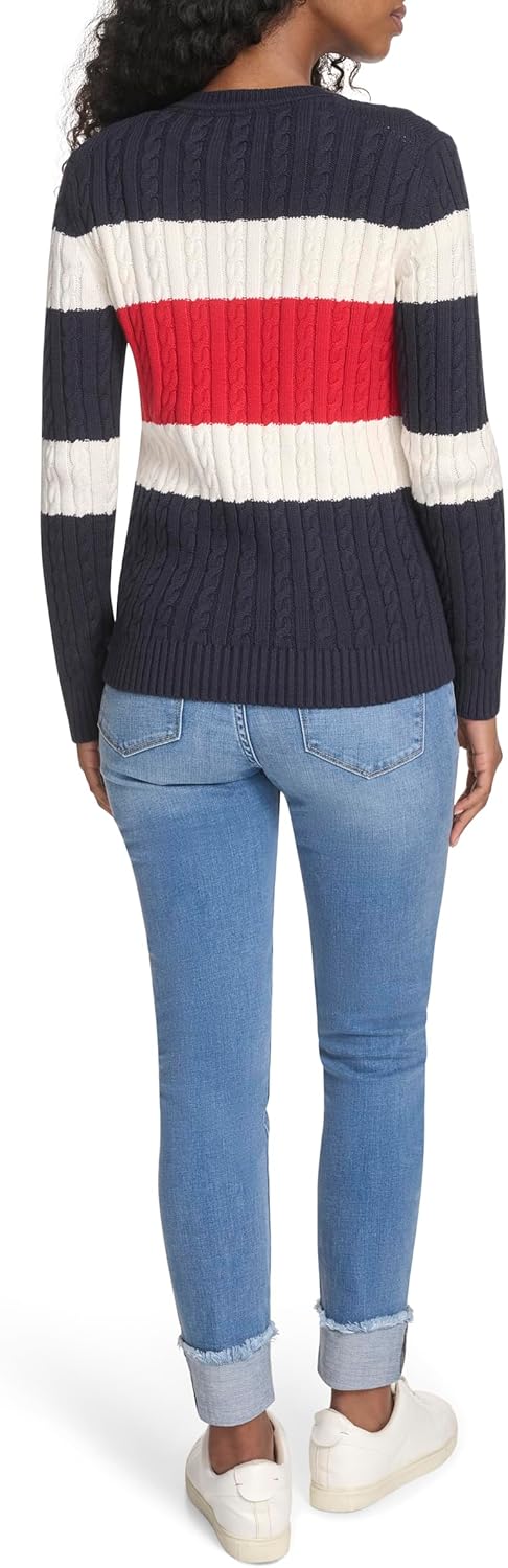 Женский хлопковый свитер Tommy Hilfiger с круглым вырезом и косами, Sky Captain Multi Colorblock — фото 4