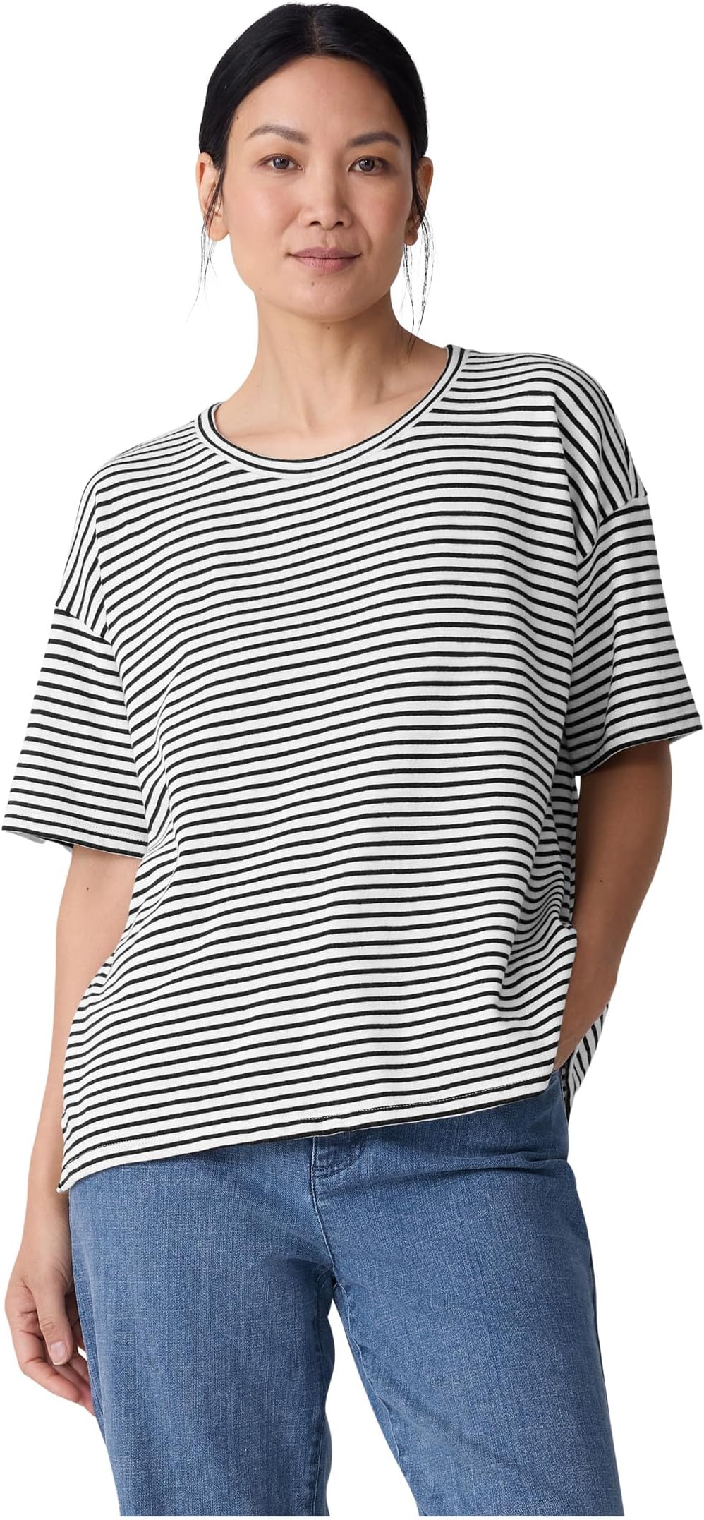 

Топ Eileen Fisher Striped Organic Cotton Slub Crew Neck Short Sleeve Box Top, White Black