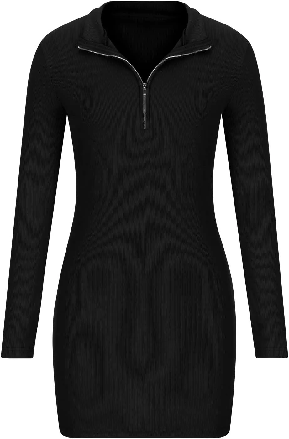 Свитер-платье Bodycon женское с лацканом на четверть, молния, V-образный вырез, длинный рукав, повседневное, сексуальное, короткое, вязаное, мини, карандаш Generic, черный — фото 4