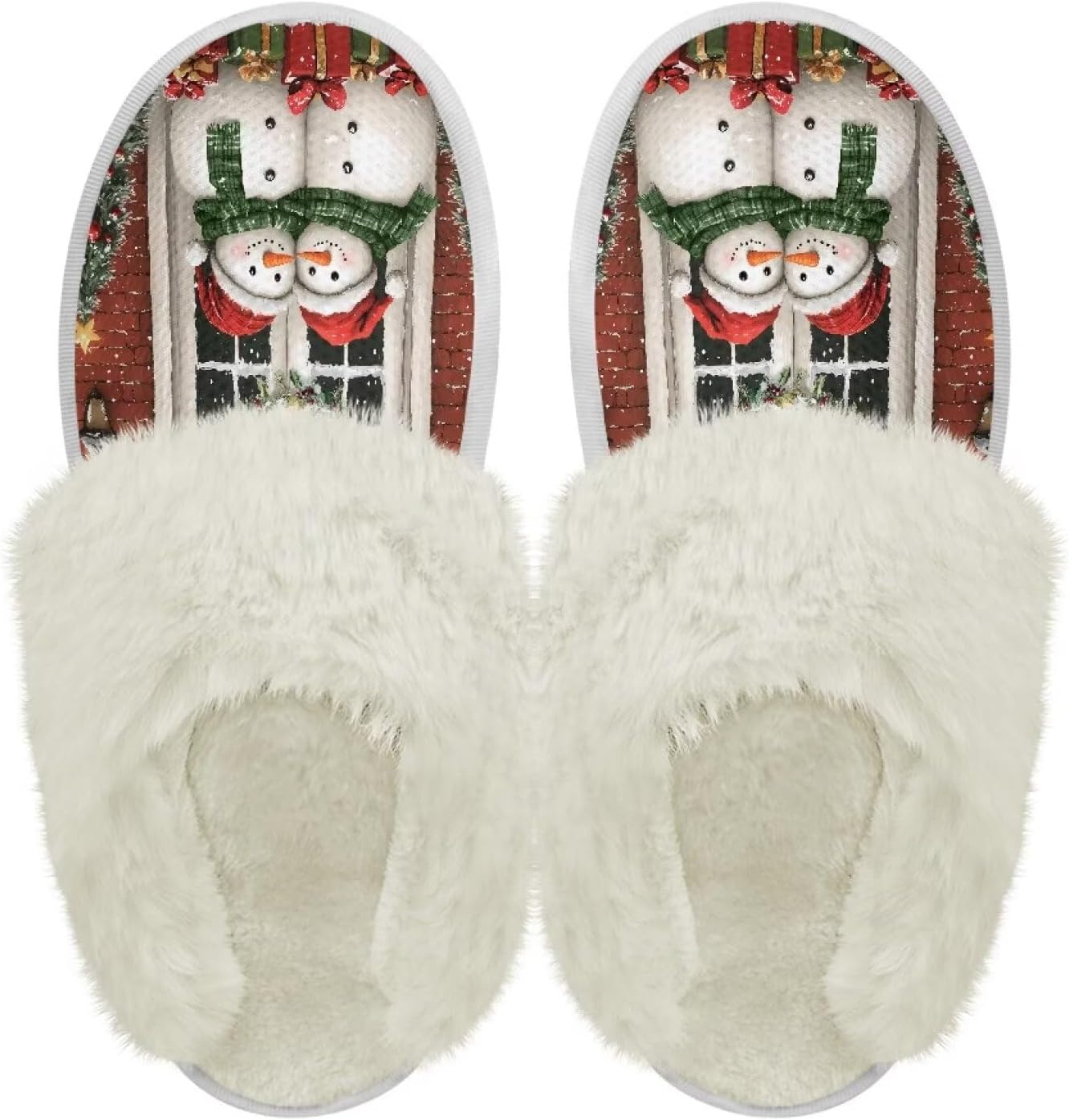 

Хлопковые тапочки PJHEQOXE с пушистыми краями, домашние тапочки для дома и улицы, хлопковые тапочки унисекс, Christmas Snowman