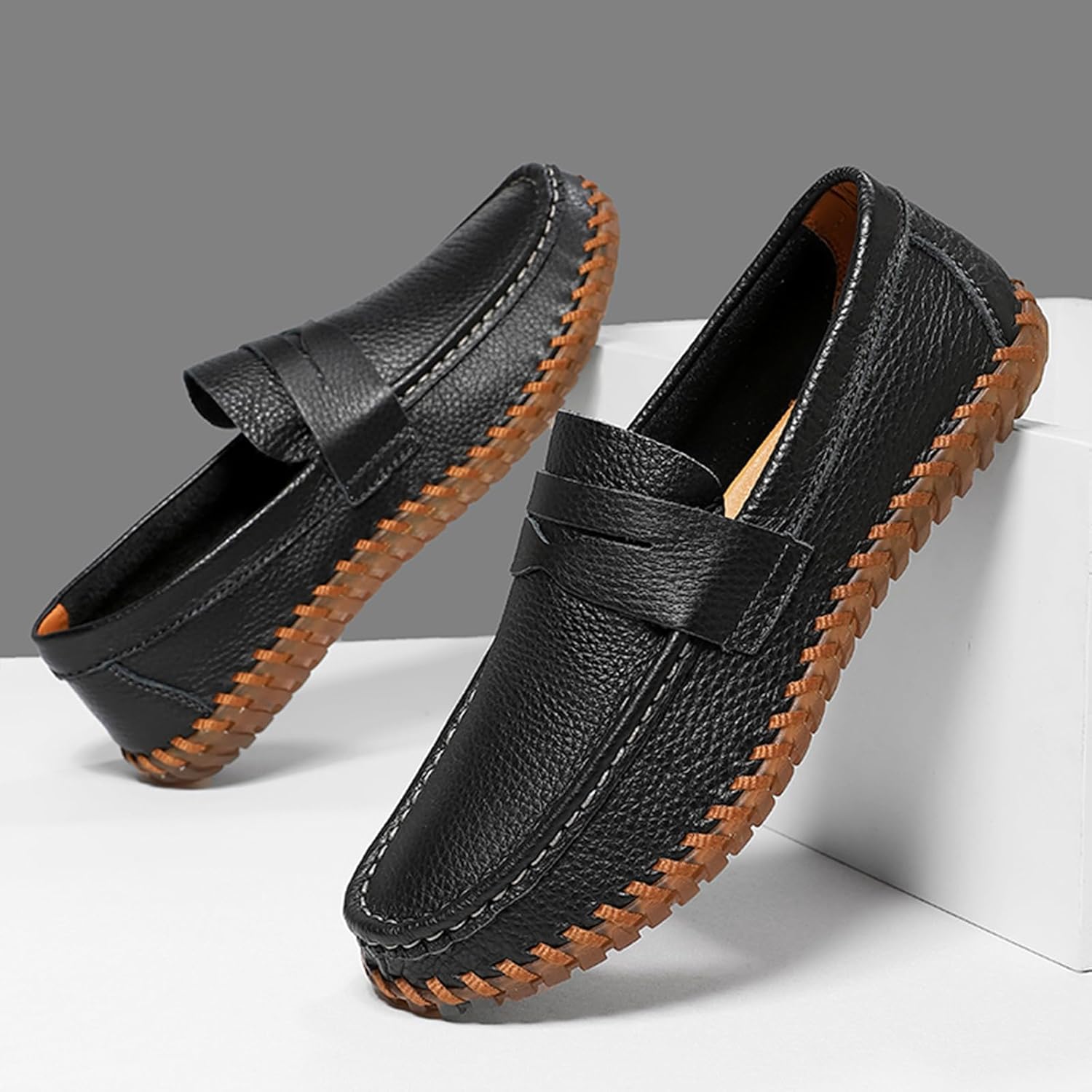 Мужские натуральные кожаные повседневные пенни-лоферы, slip on подошва, мягкая, легкая вождение мокасины, дышащие, удобные горизонтальные ботинки для ходьбы Qijozxn, черный — фото 2