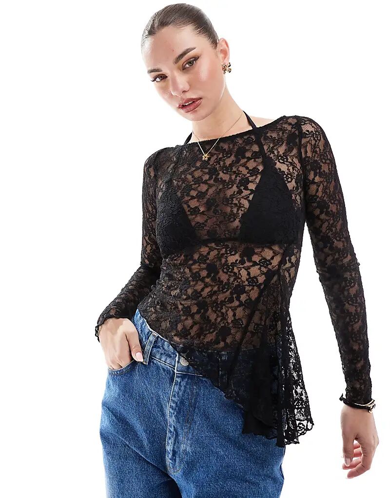 

Асимметричный кружевной топ черного цвета Bershka