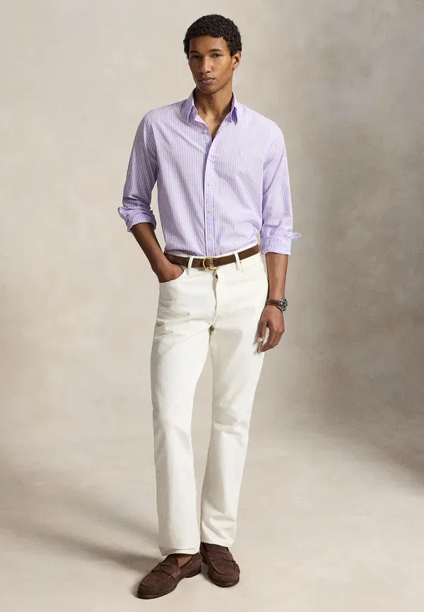 Рубашка Polo Ralph Lauren Custom Fit Striped Broadcloth Shirt, пудрово-фиолетовый белый — фото 2