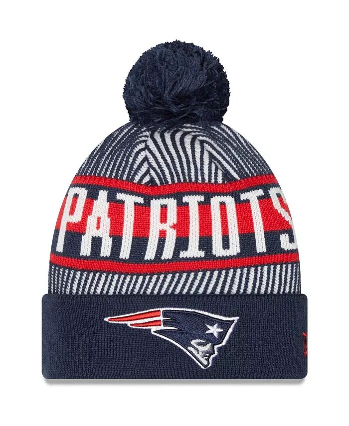 

Мужская темно-синяя вязаная шапка New England Patriots в полоску с манжетами и помпоном New Era